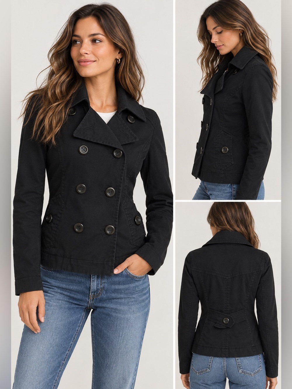H&M Black Double Breasted Peacoat Jacket Size 6 Y2K